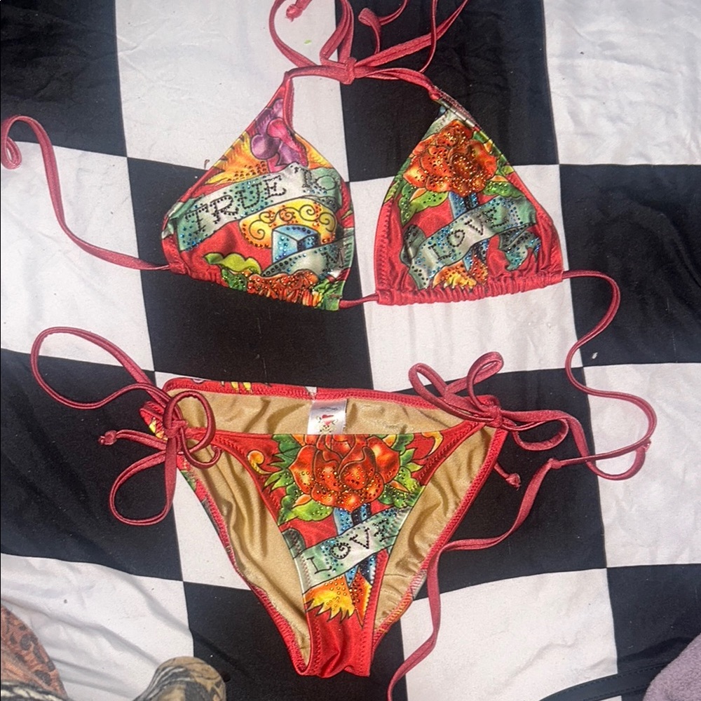 Ed Hardy Y2K Bikini Set with Red Accents